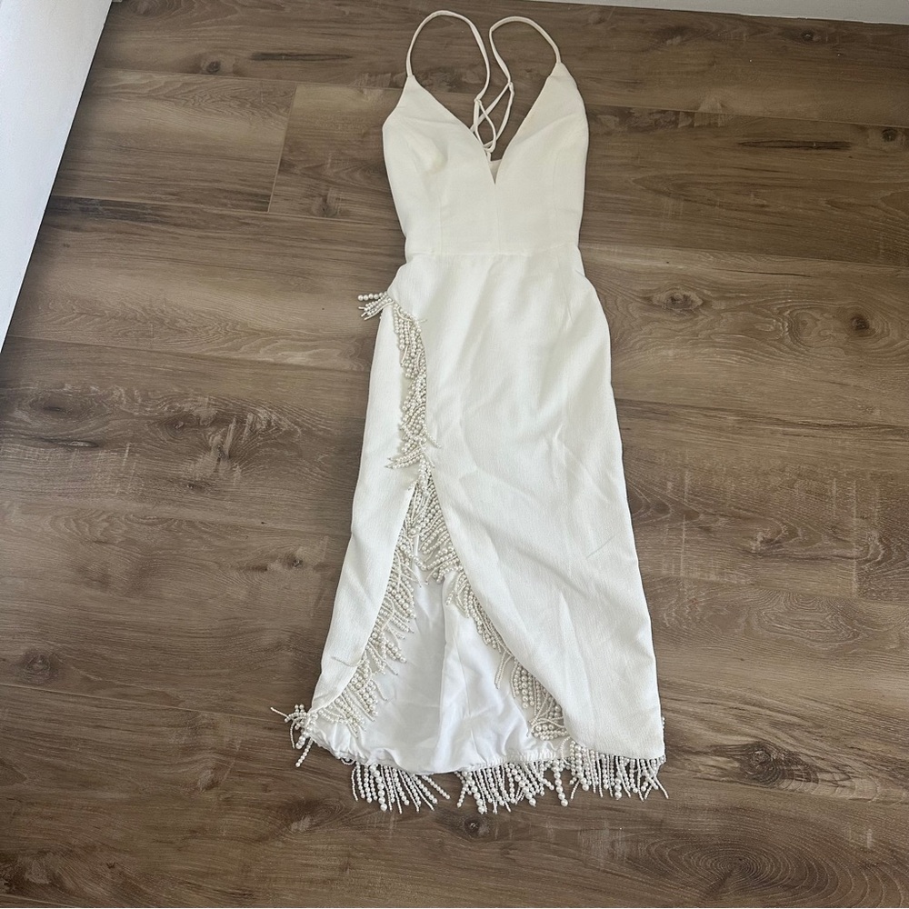 Helsi Pearl-Trimmed V-Neck White Dress | XS | Wedding Guest Bridal Event